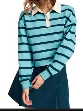 Champion Aqua & Navy Striped Rugby Shirt with Cream Collar